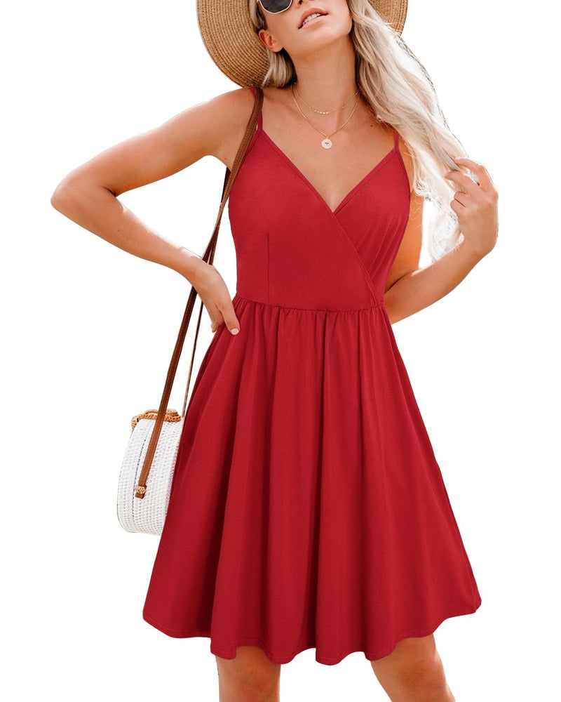 STYLEWORD Women's Summer Sundress Spaghetti Strap V Neck Casual Flowy Sundress with Pocket Cruise Outfits 2026(Wine-429,M) - Image 2